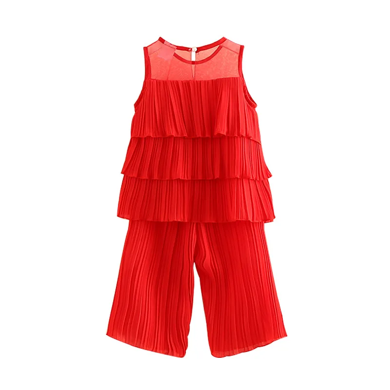 

Fashion Tops Pants 2 pcs kids Red/Pink Chiffon Sleeveless Shorts Set for Girls Summer 3 Layer Top 3 4 5 6 7 8 9 Years Girl Suits