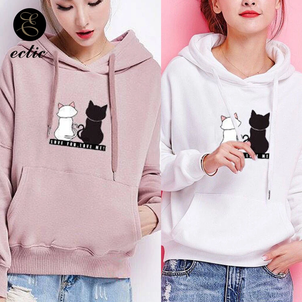 Зима Полувер Свитшот Спортивная Кофта С Капюшоном Женщина Два Каваи Милый Кошка