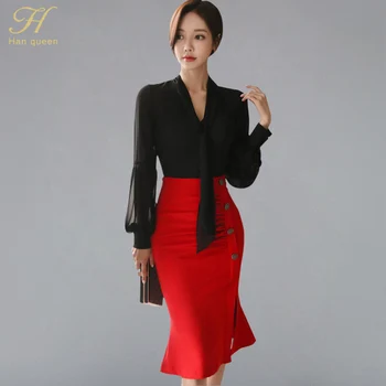 

H Han Queen Women Winter Fashion Elegant 2 Pieces Suits Lantern Sleeve Black Bow Neck Shirt Top + Mermaid Bodycon Skirts OL Set