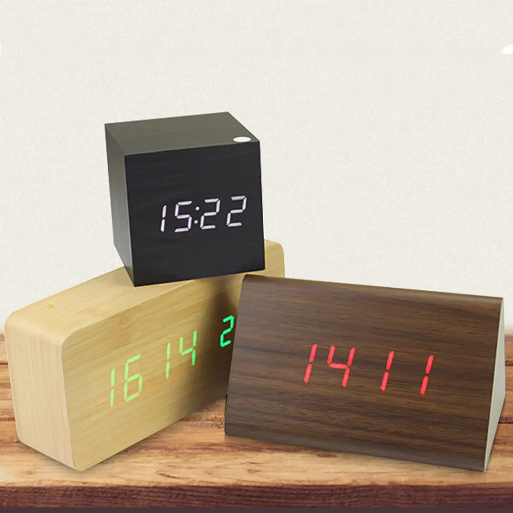 Wooden LED Alarm Clocks Morden Temperature Electronic Clock Sounds Control Digital Table Clock with Calendar for Bedroom Office