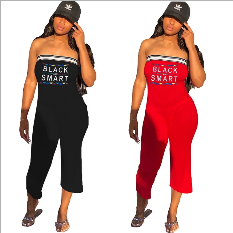 

Letter Print Strapless Jumpsuits And Rompers For Women Tube Bodysuit Backless Off Shoulder Overalls Back Zip Palazzo Pants 2019