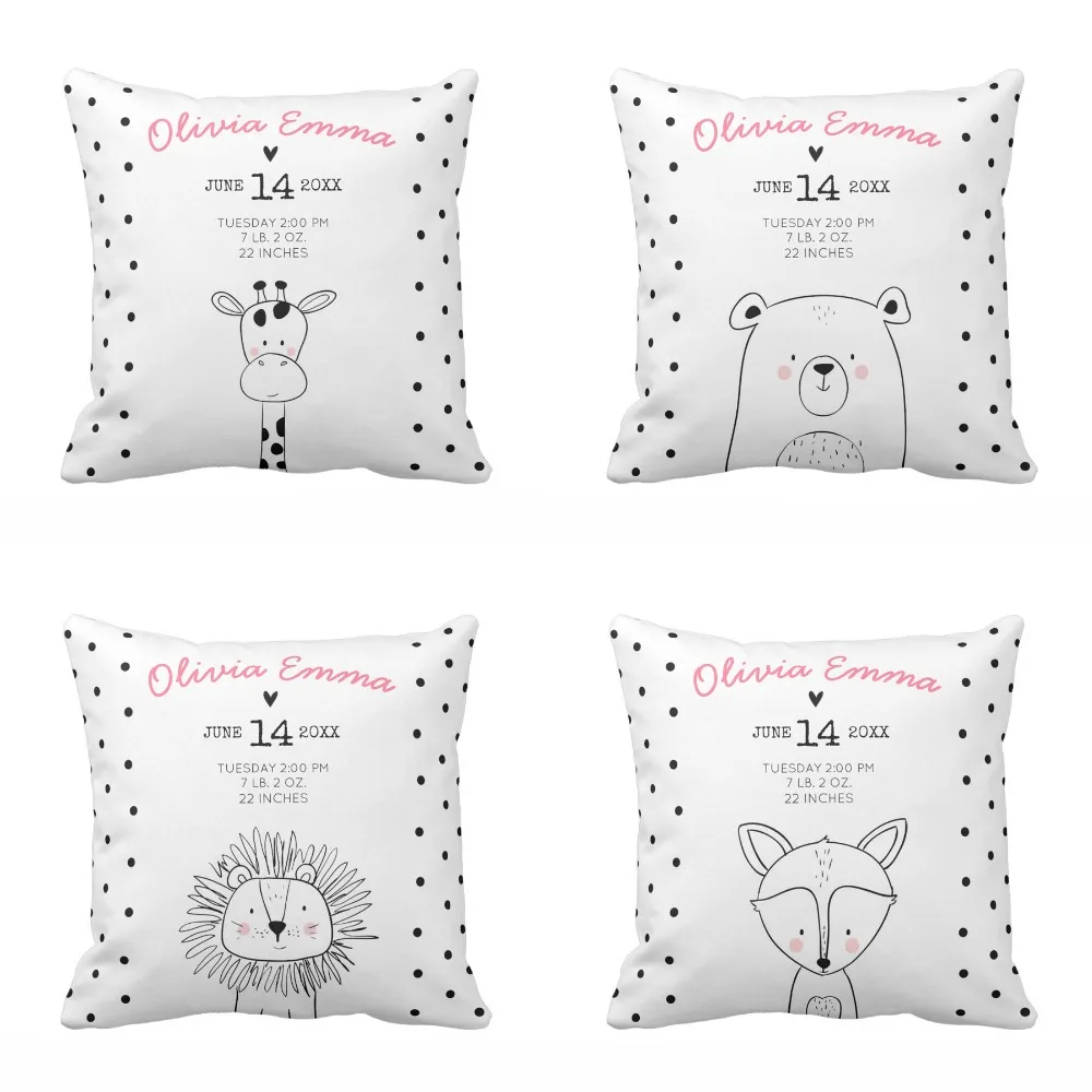 

Personalized Baby Birth Stats Nursery Modern Animals Forest Throw Pillow Cover Soft Polyester Home Decorative Cushion Cover Sofa