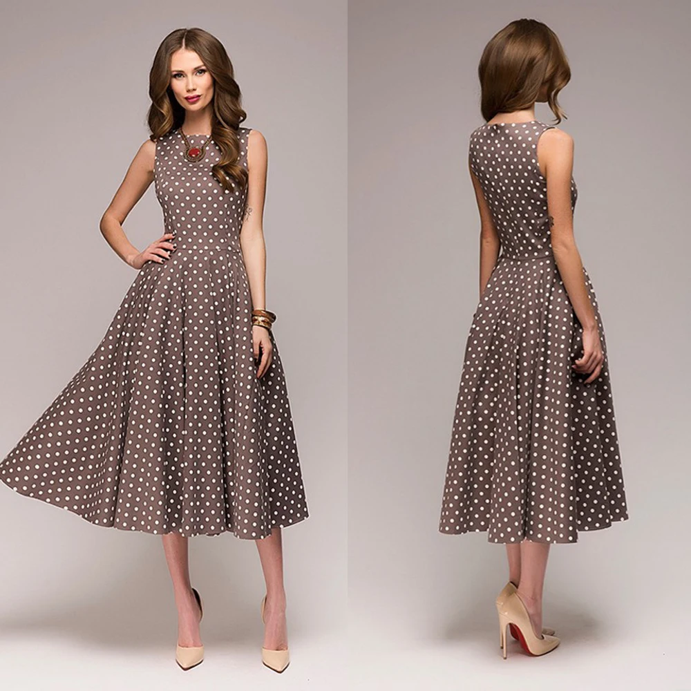 

Women Dress Sleeveless Vintage Fit and Flare 2019 Summer Dress Dot Print Elegant Ladies Dresses Women Fashion Party Vestidos H30