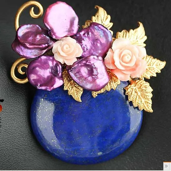 

Lapis Flower Brooch Freshwater Pearl Cute Pin Pendant Free Shipping women Jewelry Semi-precious Stone Brooch