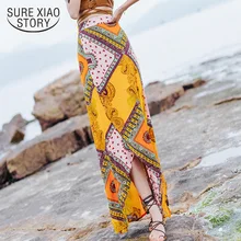 Обувь модная богемном стиле, летняя юбка пикантные Разделение печати юбка шифон Для женщин элегантный Повседневное, до середины лодыжки пляжная юбка 0084 30