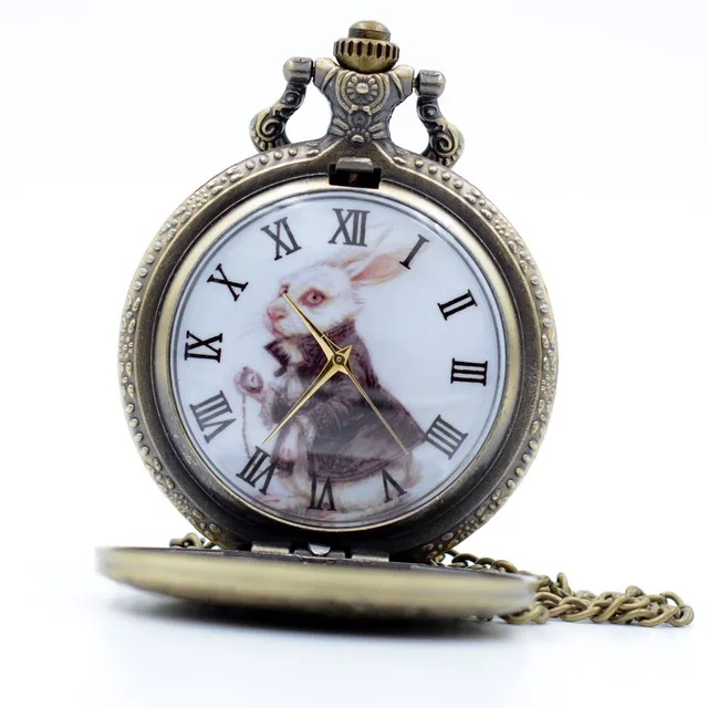 Vintage Bronze Alice in Wonderland The White Rabbit Color Dial Quartz Pocket Wat Vintage Bronze Alice in Wonderland The White Rabbit Color Dial Quartz Pocket Wat