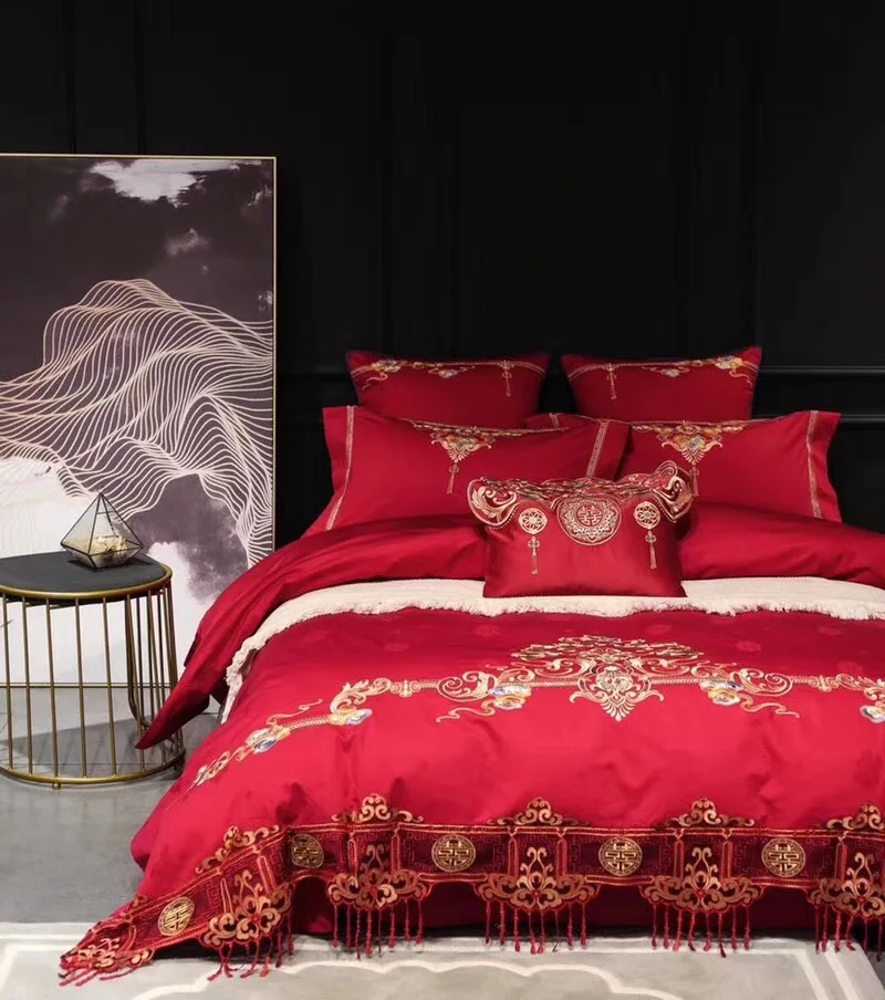

Red 100S Egyptian cotton Royal embroidery Bedding Set Luxury Wedding Duvet Cover Bed Linen Bed sheet Pillowcases King Queen Size
