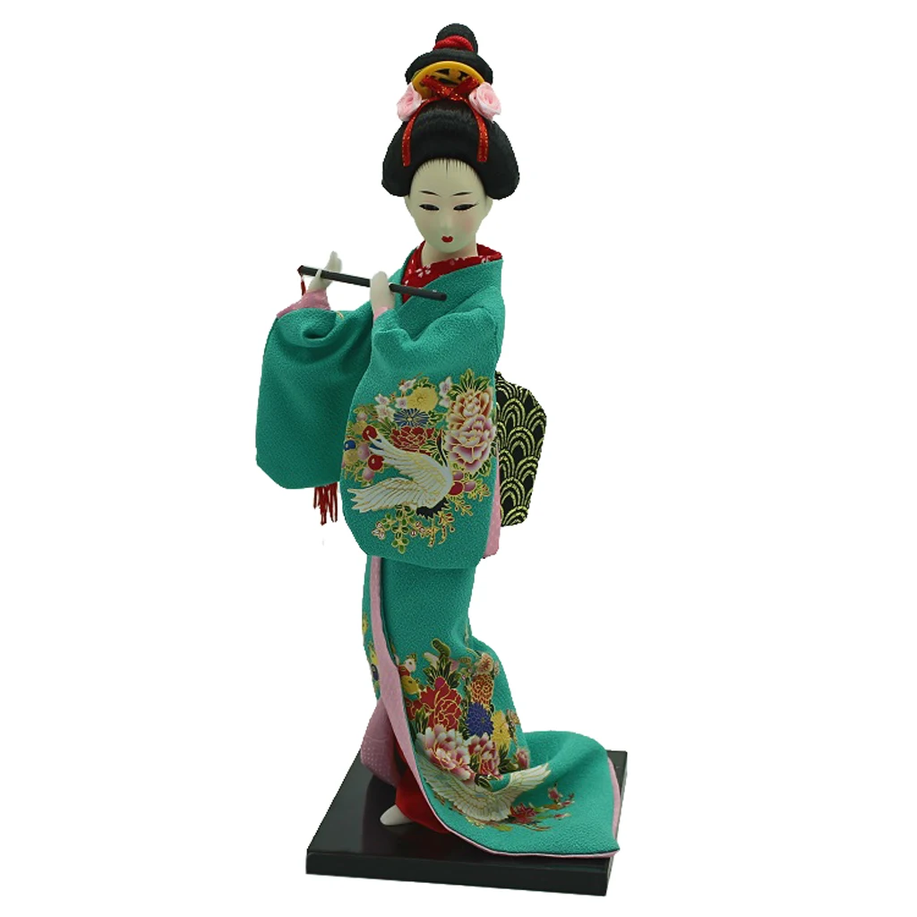 Traditional Japanese Standing Geisha Doll Model Kimono Doll Vintage Decor Doll Wearing Green Clothes & Flute