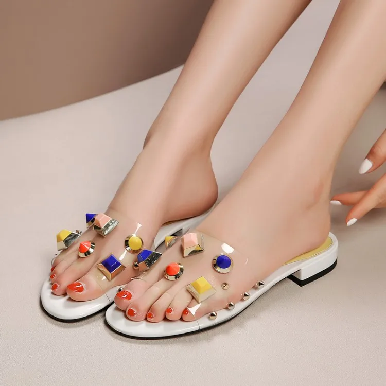 

MLJUESE 2019 women slippers PVC summer open toe rivets transparent color beaches sandals party wedding dress size 34- 43