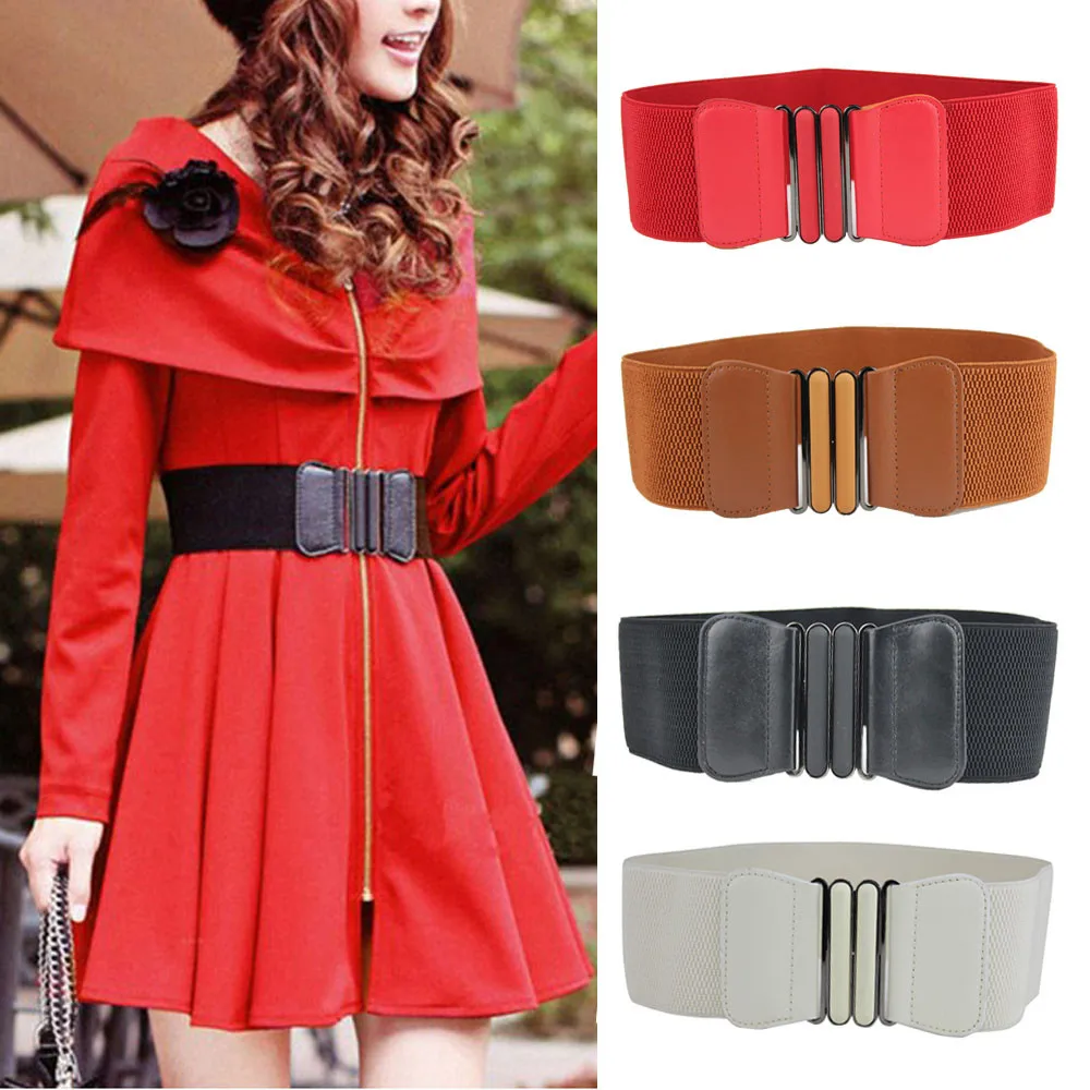 

Women Elastic Stretch waist belt Dress Adornment For women Waistband Buckle Wide Waist Belt Female Black Brown Red Waistband