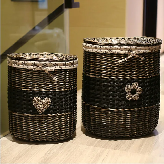 Online Vintage Wicker Storage Basket With Lid Large Laundry Image