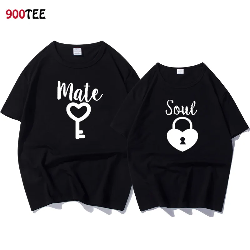 2019 Couple T Shirt for Lovers Soul Mate Print T-shirt Women Key Printed Short Sleeve T Shirt Female Black Couple Clothes Brand