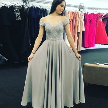 

2019 New Sliver Long Bridesmaid Dresses Boat Neck Off The Shoulder Lace Appliques Simple Wedding Guest Dress Cheap Women Gowns