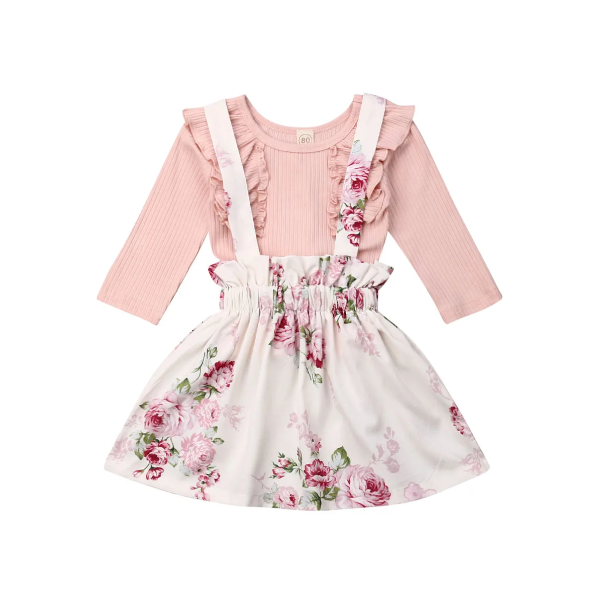 

2PCS Set Kids Baby Girl Long Sleeve Ruffles T-shirt Tops Floral Suspender Dress Outfits Princess Girls Clothing Set