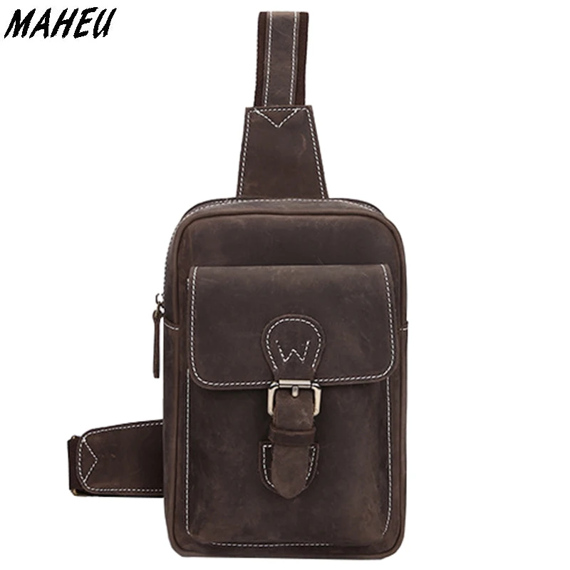 

Men's Crazy Horse Genuine Leather Chest Bag Cowhide Multi Function Travel Riding Male Messenger Crossbody Shoulder Bags