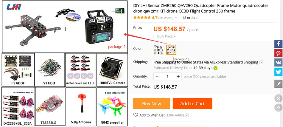 DIY LHI Senior ZMR250 QAV250 Quadcopter Frame Motor quadrocopter dron qav zmr KIT drone CC3D Flight Control 250 frame 2