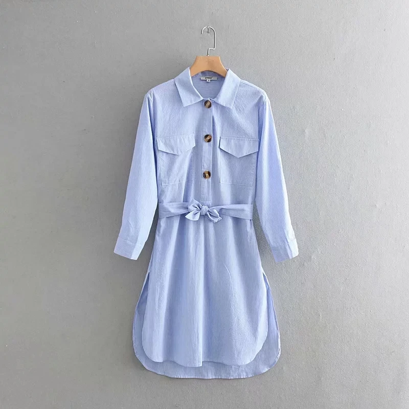 

Summer Women Dress Long Sleeve Striped Shirt Dress Women Vintage Straight Sundress Elegant Knee-Length Casual Dress with Tape