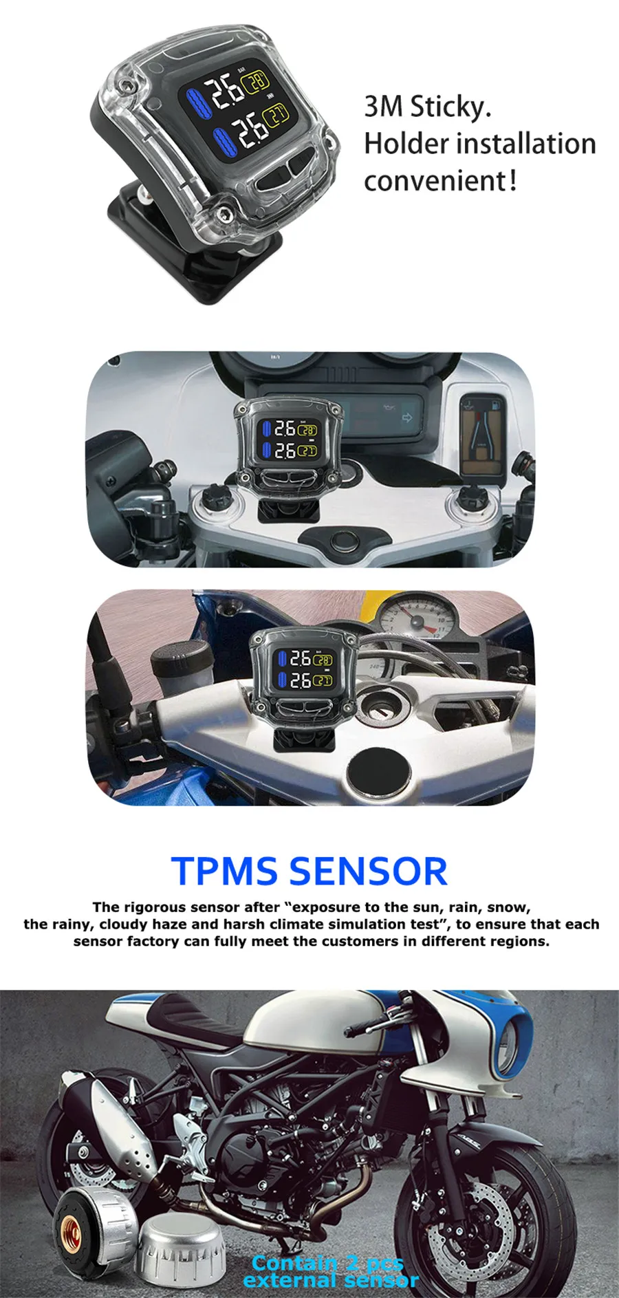 Система контроля давления в шинах для мотоциклов TPMS 2-sensor беспроводной жк-дисплей мото сигнализация