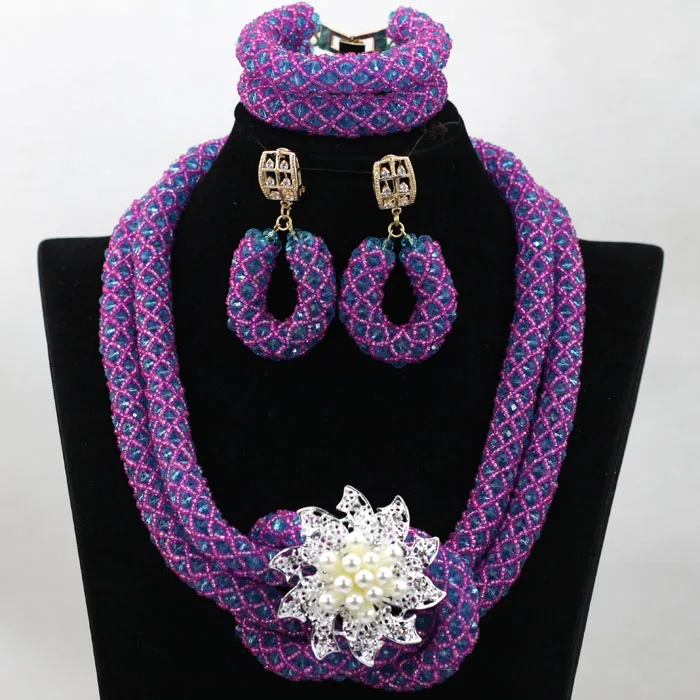 

Shinny Purple Costume Jewelry Set Nigerian Wedding African Beads Set Crystal Braid Pendant Necklace Set Free Shipping HX939