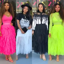 BKLD Summer Fashion Neon Green Casual High Waist Beach Sheer Mesh Skirts Women's Boho Asymmetrical Hot Pink Long Tutu Skirt