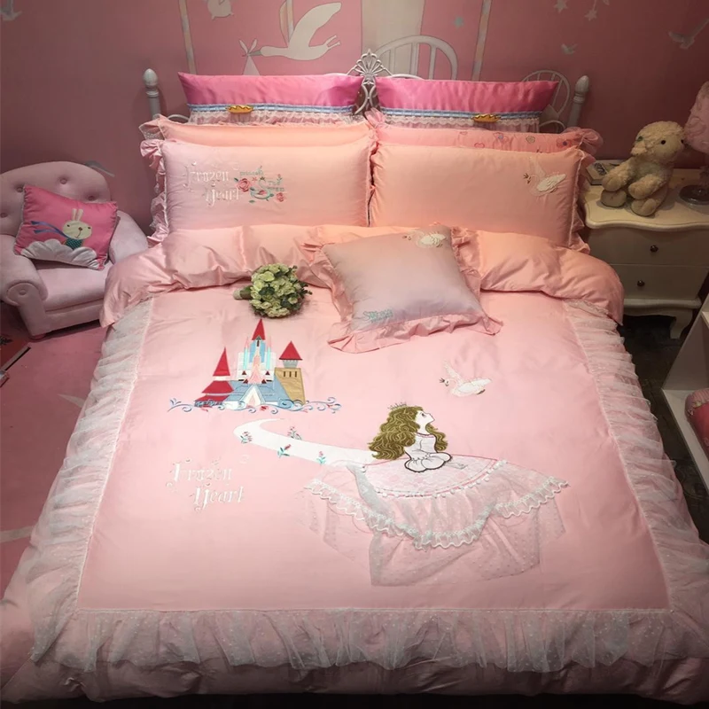 

Luxury 100% Cotton princess in the castle Lace Bedding Set Embroidery Duvet cover Bed Sheet Pillowcases Twin Queen size 3/4pcs