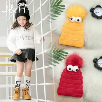 

New Arrival Pom Children Winter Hat For Girls Cartoon Big Eyes Knitted Crochet Beanie Winter Warm Hat Kid Cap