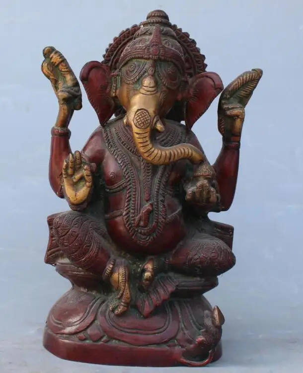 S4365 10" Chinese Tibet Bronze Gilt 4 Arms Ganesh Elephant Mammon Buddha Mouse Statue | Дом и сад