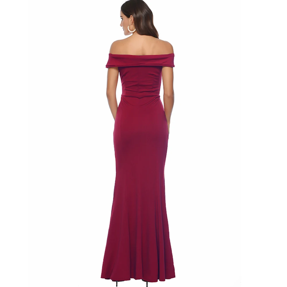 Сексуальное облегающее женское платье с открытыми плечами и разрезом, вечернее элегантное Бордовое платье с разрезом, длинное платье