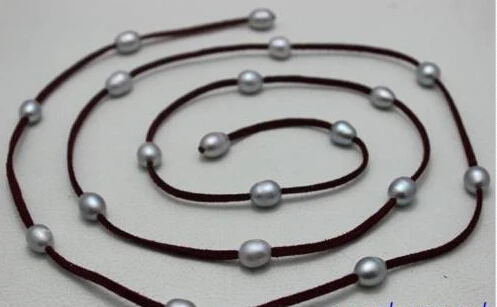 

HOT 003494 19bead Purple Leather gray Freshwater Pearl Necklace48"handmade"Beauty no metal