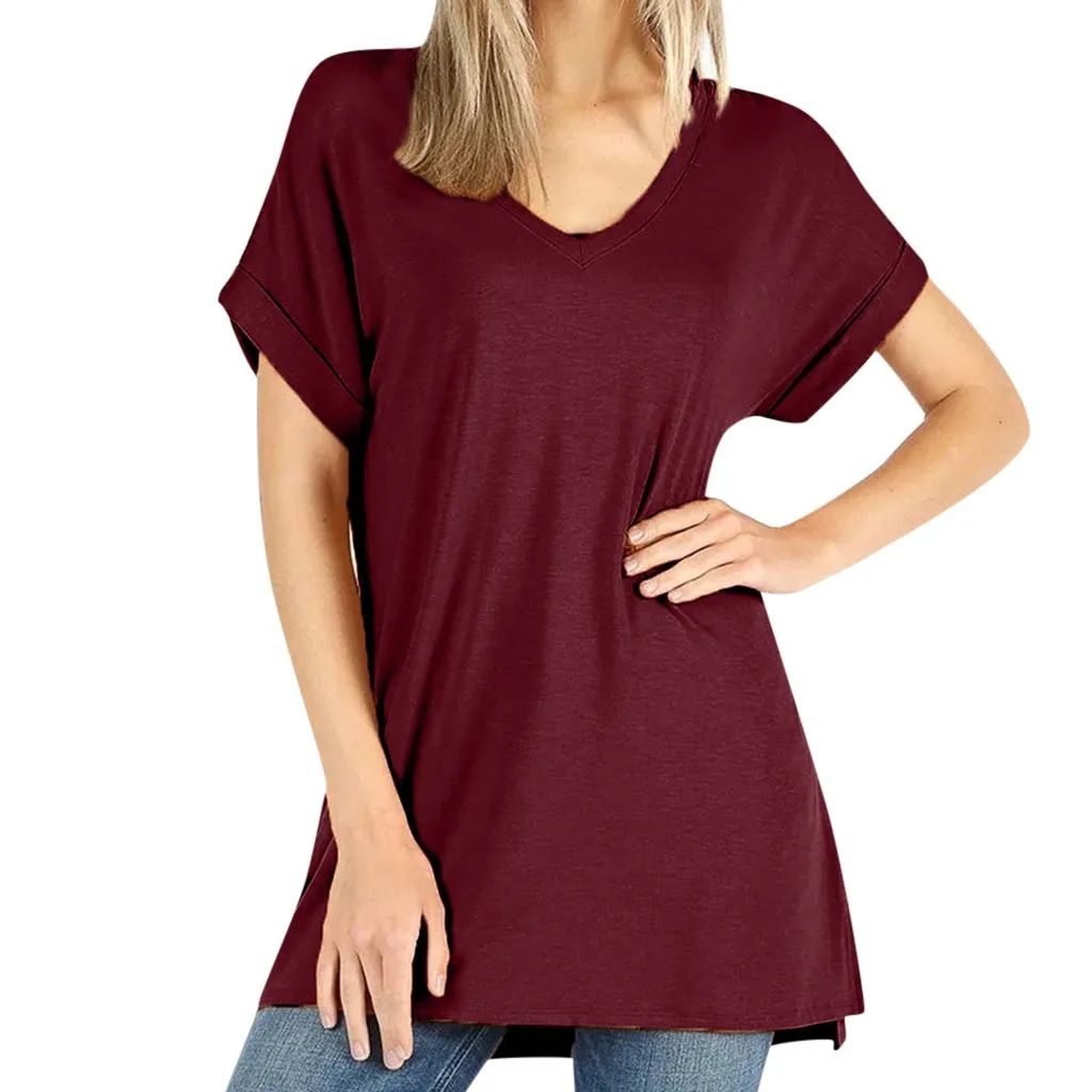 Large Size Tunic Shirt Women Short Sleeve V-neck Sexy Blouse Casual Ladies Solid Color Comfy Blouse camisa feminina