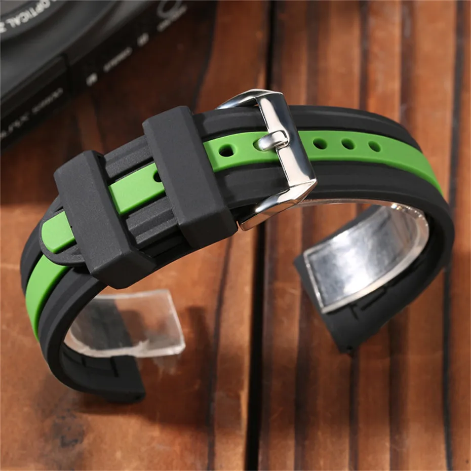 Watch Band 20mm22mm24mm Double Color Red Green Blue Silicone Stylish Sport Strap for Wristwatches Pin Buckle  + Spring Bars   (28)