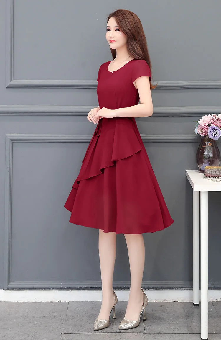 Летнее платье офисные женские элегантные шифоновые платья женские розовые красные синие с коротким рукавом Vestido плюс размер 4XL Твердые оборки C68