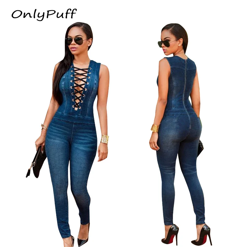 Women Jumpsuit Denim Overalls 2016 Spring Autumn Sleeveless Bandage