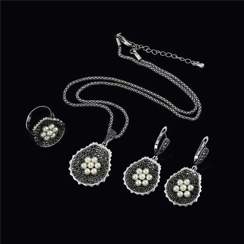 

K'S Gadgets Turkish Jewelry Black Crystal Earings Fashion Ladies Jewellery Sets Blue Beads Flower Necklace Ring