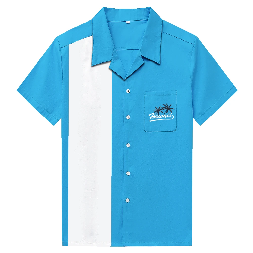 Хип-хоп Винтаж 40s хлопок синяя рубашка с вышивкой Гавайи рокабилли Американский клуб персонализированные футболки для боулинга