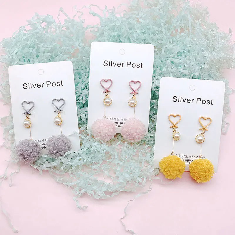 Sweet Spray Paint Colorful Heart PomPom Drop Earrings Brincos For Women Handmade Soft Ball Dangle Jewelry Party pendientes | Украшения и