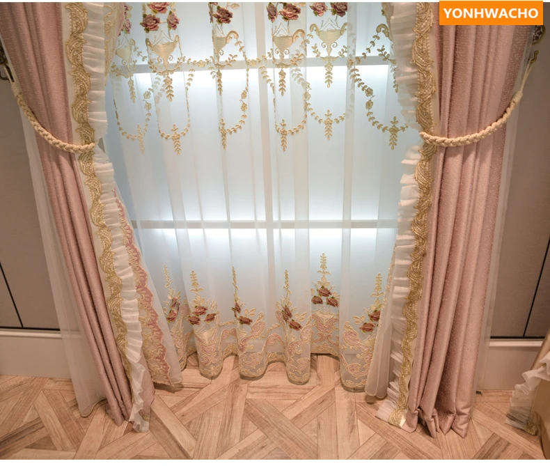 Пользовательские шторы американский хлопок жаккард простой современный гостиная спальня розовая ткань затемненные шторы тюль балдахин драпировка B251