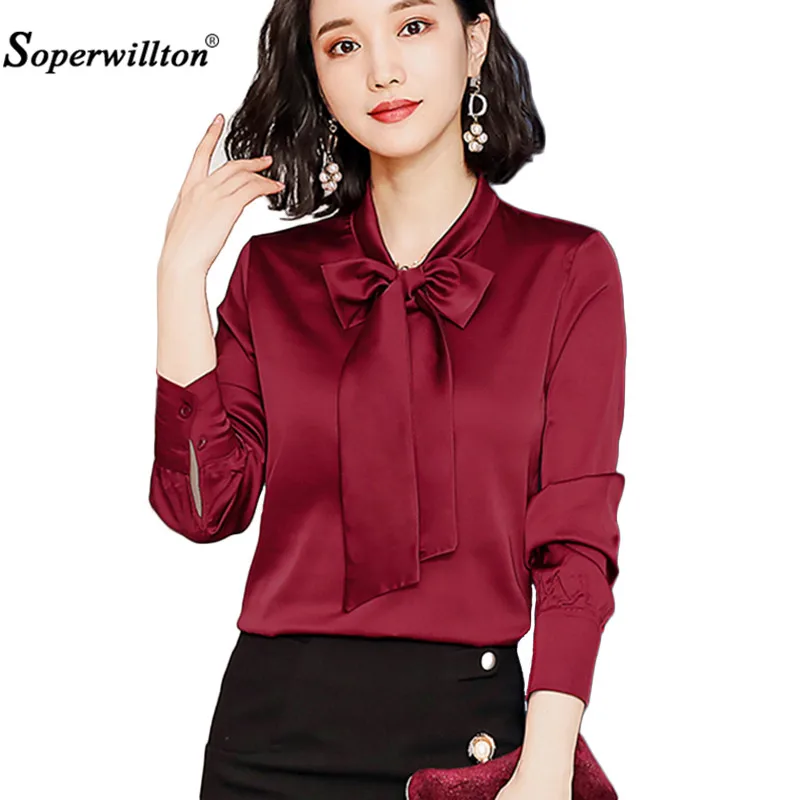 

Soperwillton Spring Women Shirts Long-Sleeve Bow V-Neck Solid Blouse Chiffon Tops Office Autumn Ladies OL Work Wear Casual #S03