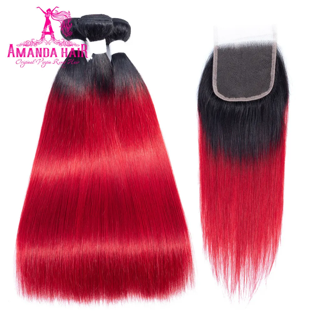 

Amanda T1b/red Straight Brazilian Hair Weave Bundles with 4x4 Lace Closure Human Remy Hair 3 Bundles with Closure Free Part