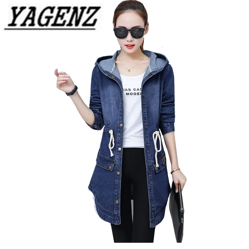 remarkable 2019 New Spring/Autumn Women's Jeans Jacket Slim Long Sleeve Hooded Denim Outerwear Single Breasted