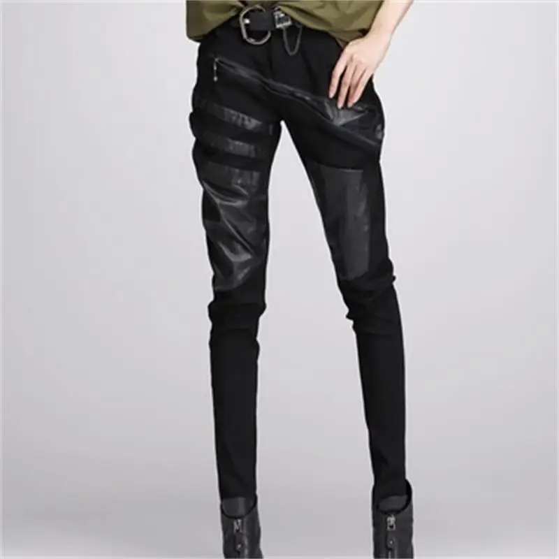 

2018 Autumn And Winter New Women's Zipper Decorative PU Leather Stitching Harem Pants Pocket Trousers Women