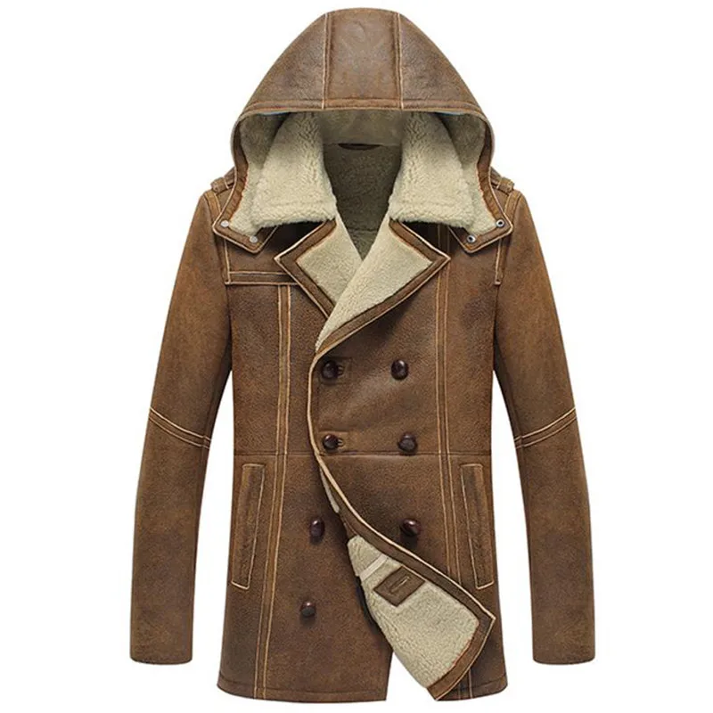 Denny&Dora Mens Shearling Hooded B3 Coat Long Regular Fit Jacket B2 Military Style Sheepskin Leather Jacket