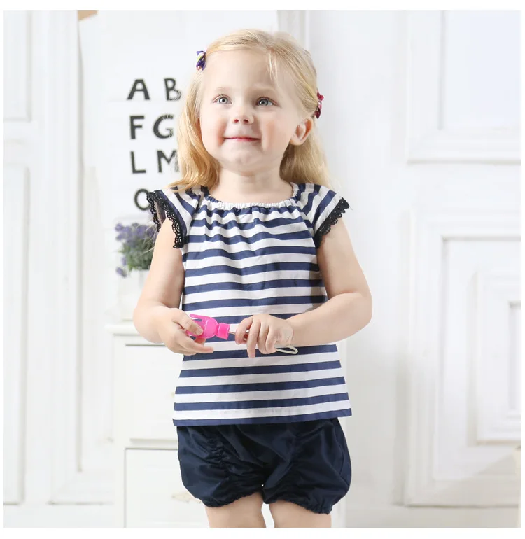 Hot Sale Children Girls Clothing Sets Striped Short Sleeve Blue Top T Shirt Crepe Shorts PP Pants 2Pcs Outfits Children Sets 