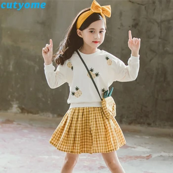 

2pcs/set Baby Child Outfits Long Sleeve Pineapple Hoodies+Plaid Skirt Korean Children's Girl Kids Back To School Clothing Suit 9