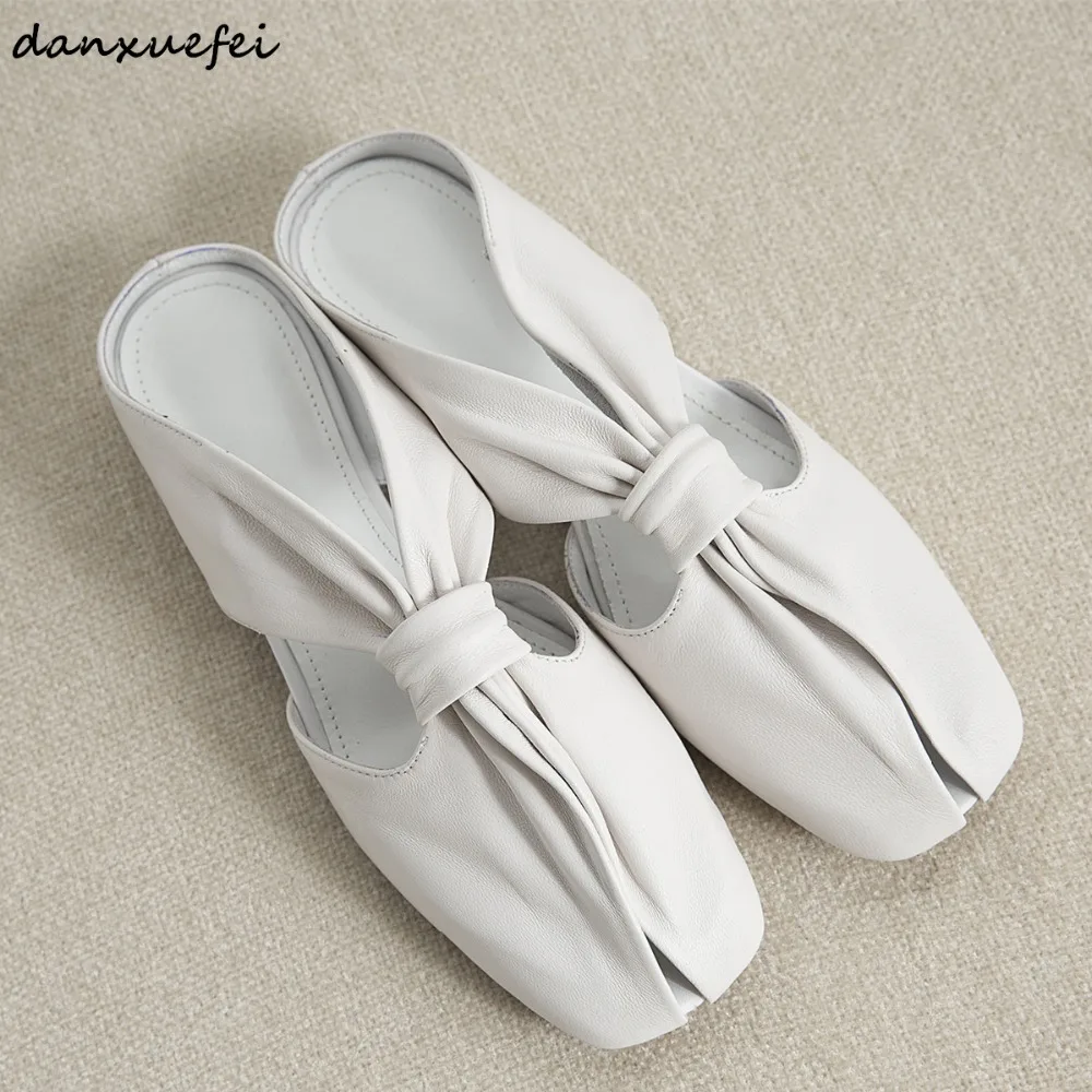 

Women's genuine leather Pleated flats slides round toe leisure female summer mules casual daily sandalias shoes for women sale