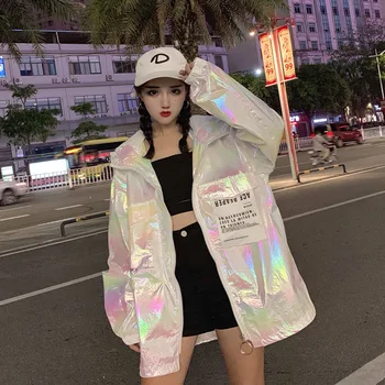 

2020 Autumn Hooded Bomber Jacket Women Loose Silver Summer Thin Jacket Women Fluorescence Hip Hop Plus Size Sunscreen Coat V816