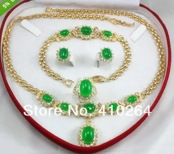 

$wholesale_jewelry_wig$ free shipping women's jewelry green stone yellow gold Earring Bracelet Necklace Ring +red box