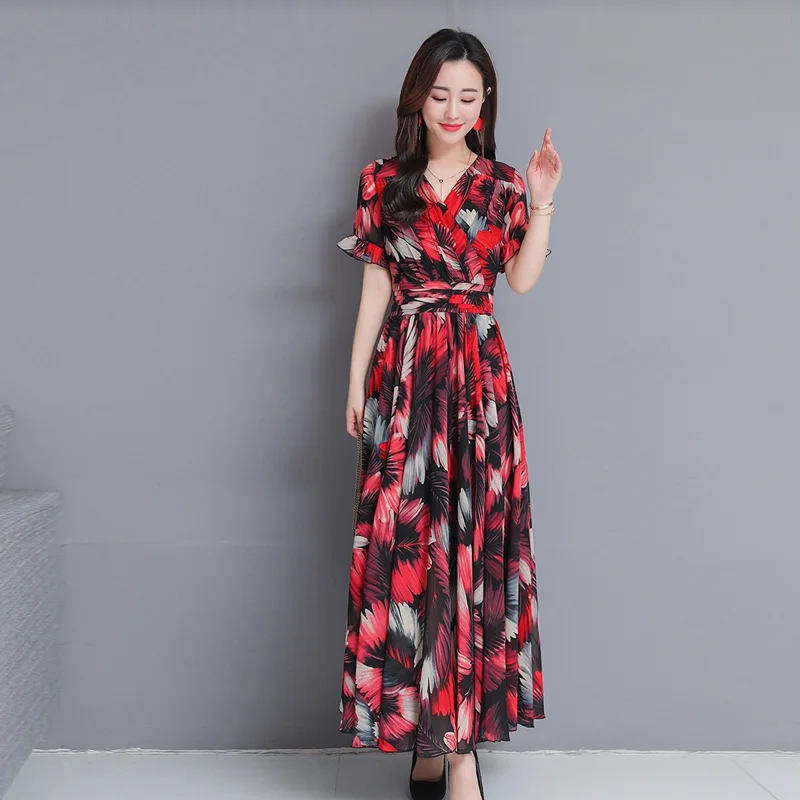 

Beauty Fashion New Bohemian Waist Thin Large Swing Floral Dress V-neck Lotus Leaf Sleeves High Waist Long Lady Dress