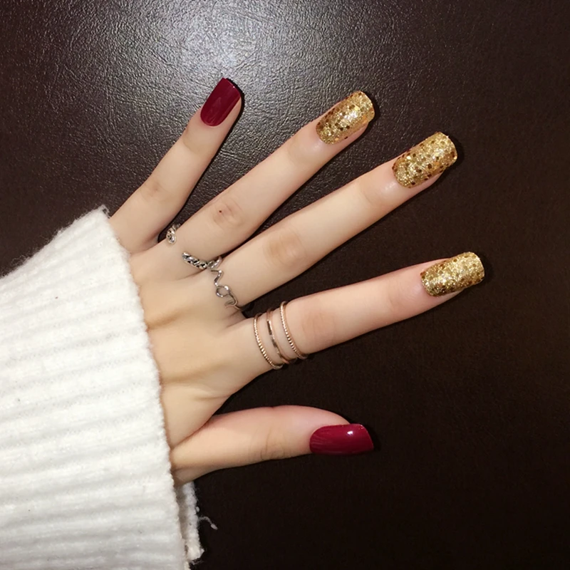 Shiny Red Fake Nails 24pcs Golden Glitter Sequins False Nail Square Full Designed Nails With Glue Sticker For Ladies Z446 False Nails Aliexpress