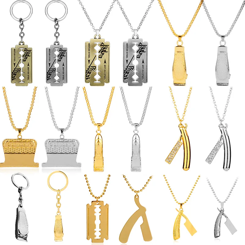 

Fashion Hip Hop Barber Straight Razor Necklace Keychain 3D Barber Salon Shaver Wet Shaving Folding Cut Throat Knife Necklace -30